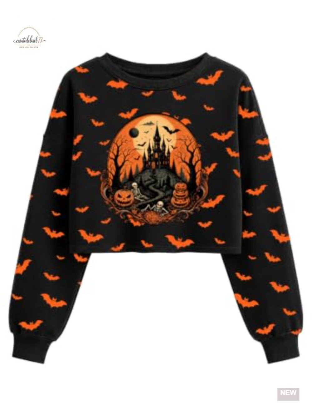 Women's Cropped Halloween Sweatshirt Lantern Sleeve Crew Neck Pullover